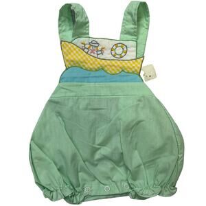 Vintage New Mayfair Baby Romper Overall Green Boat Gingham Newborn Neutral